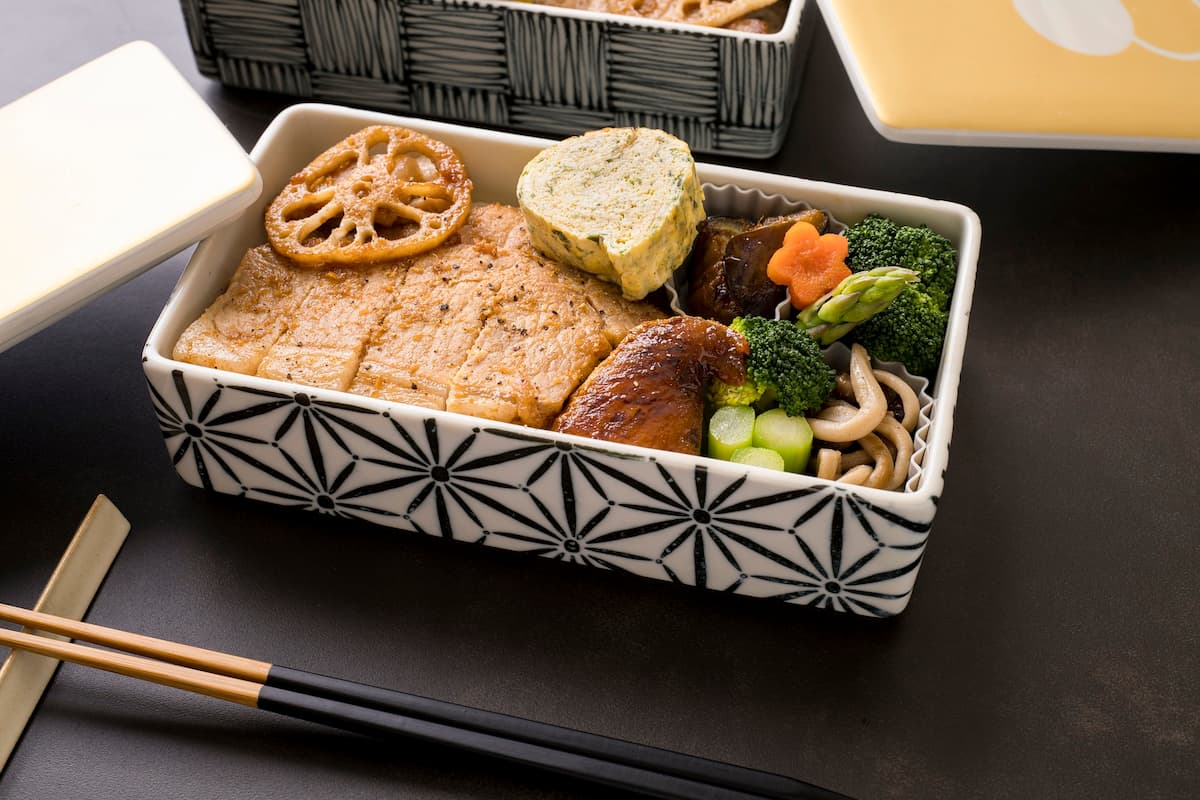 A bento meal in a lunch box. 