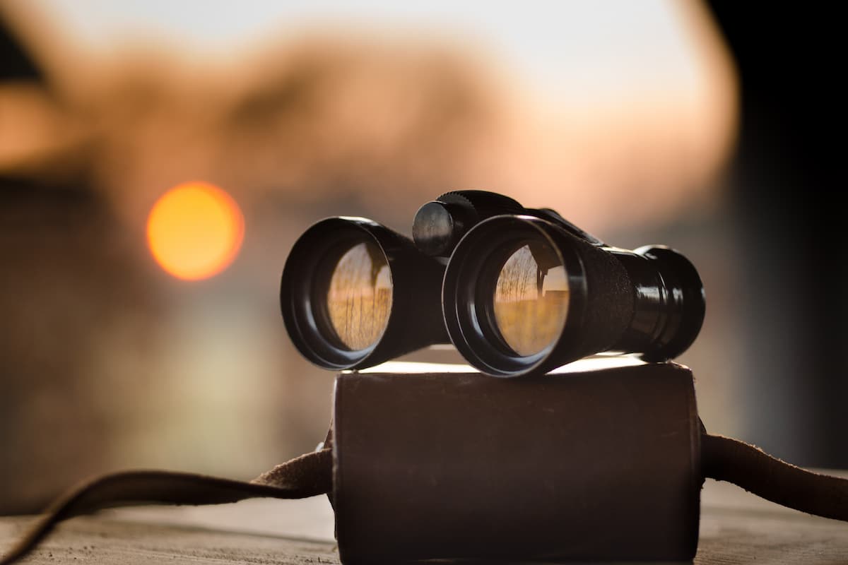 Binoculars on a brown bag with a blurred background. 