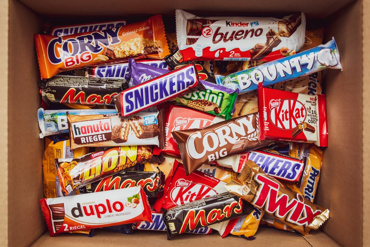 A box full of various chocolate bars.