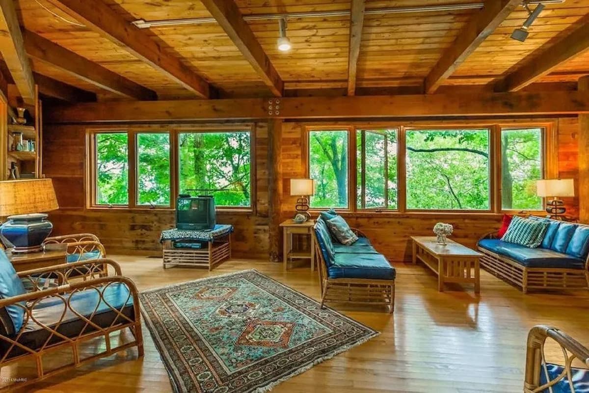 The living room of the Enchanted Treehouse on Lake Michigan.
