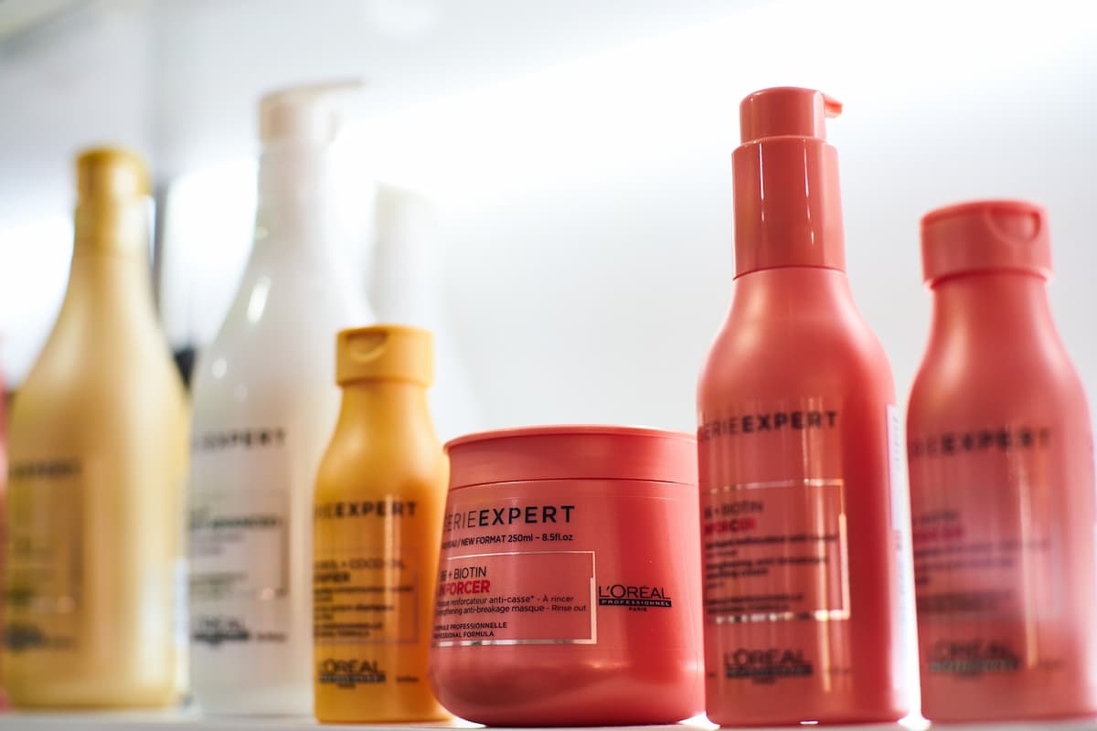 Close-up photo of different hair products. 