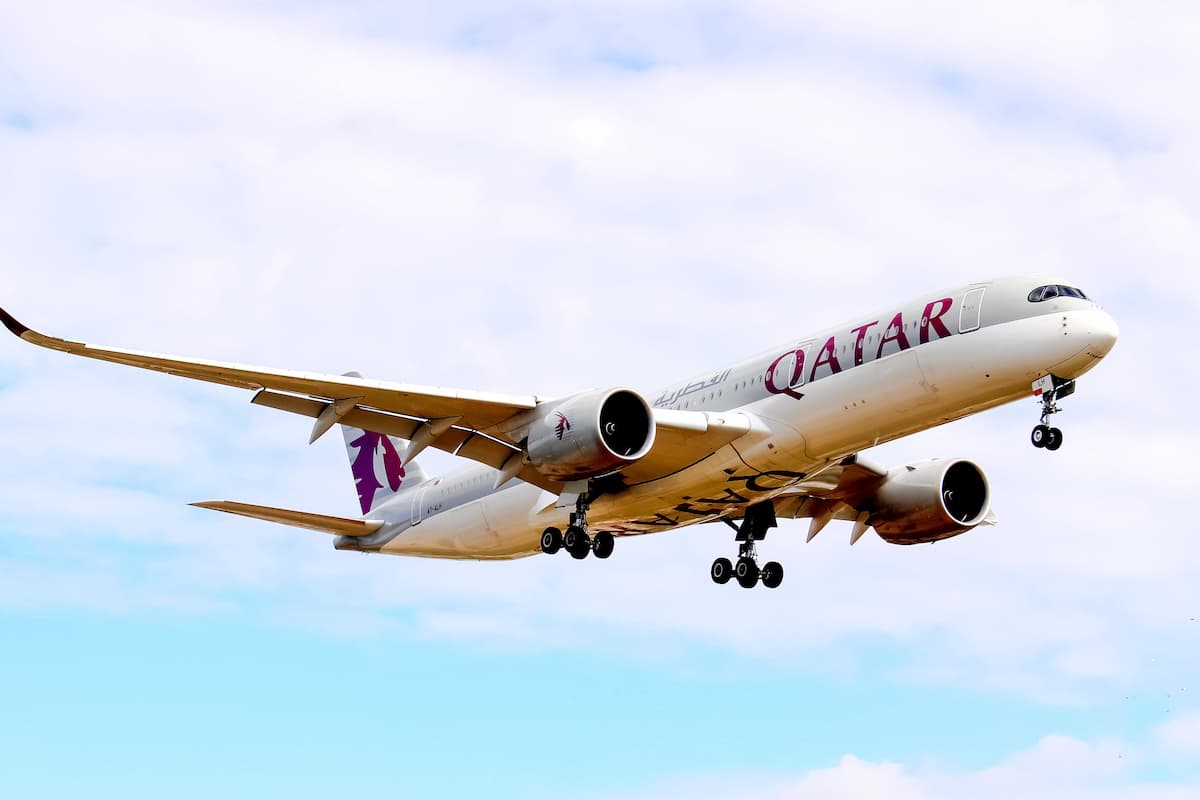 Qatar Airways plane flying in the sky. 