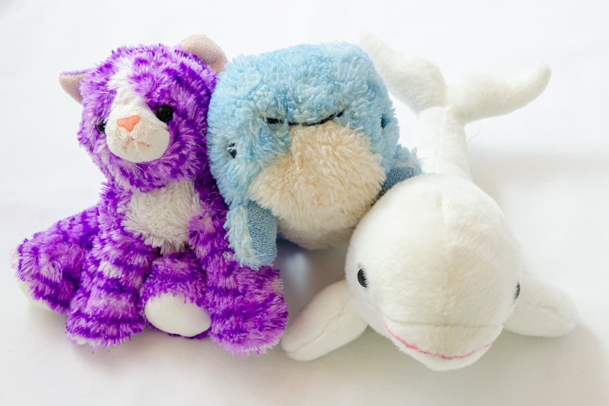 Stuffed animals on a white background. 