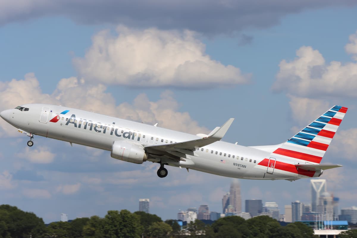 An American Airlines airplane taking off.