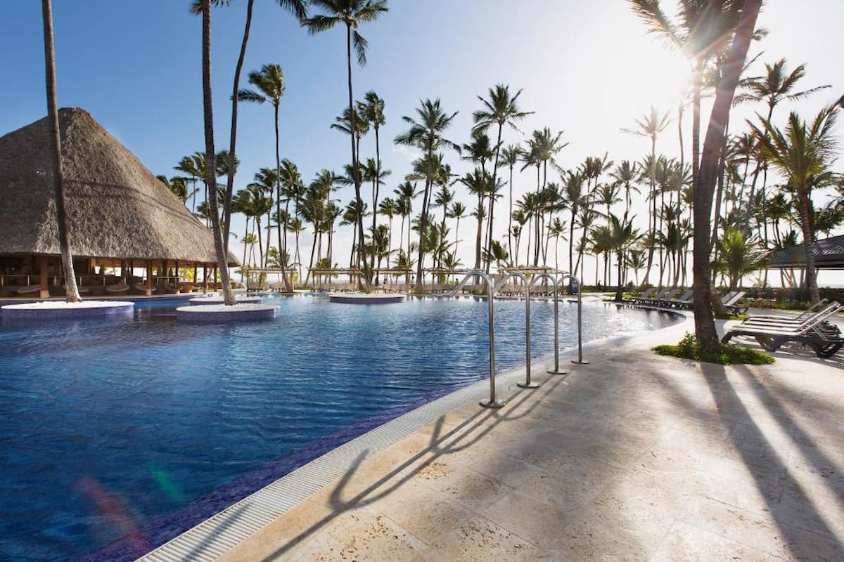 A view of a pool with palm trees and a hut. 