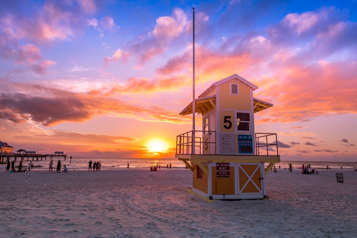 Yellow and white wooden lifeguard house at Clearwater beach. 