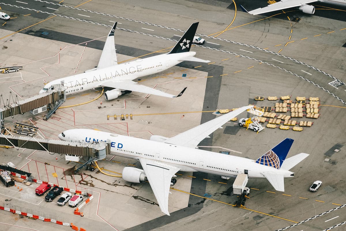 Aerial view of Star Alliance and United Airlines at the airport. 